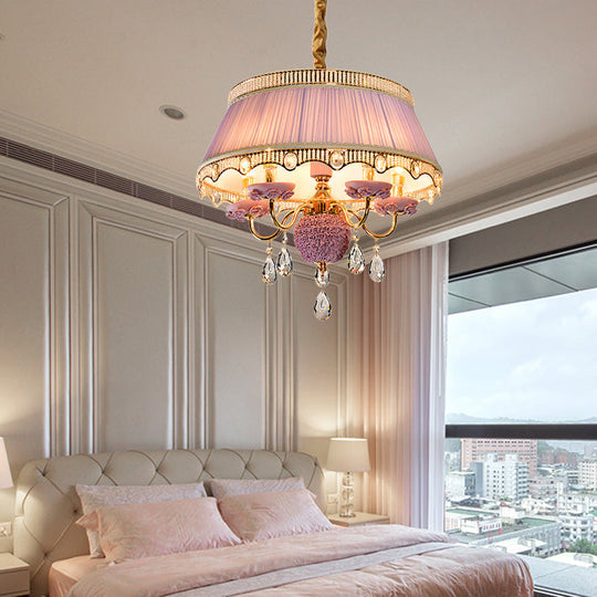 Modern Scalloped Chandelier: 5 Heads Pink/Blue/Purple Fabric Hanging Ceiling Light With Crystal