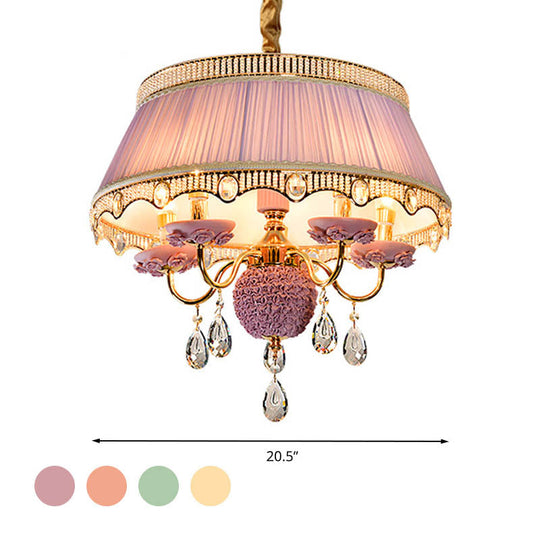 Modern Scalloped Chandelier: 5 Heads Pink/Blue/Purple Fabric Hanging Ceiling Light With Crystal
