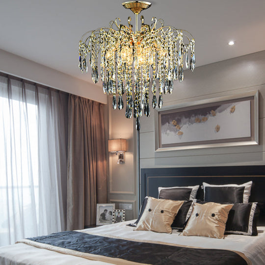 Sophisticated Cascade Crystal Drop Led Ceiling Light With Simple Gold Finish - 18’/19.5’ Wide