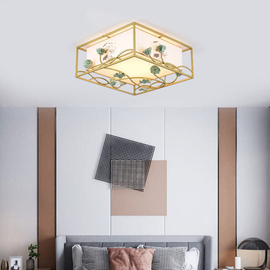 Traditional Square Fabric Flush Mount Lighting - 19.5/23.5 Wide 5 Lights Bedroom Ceiling Fixture In