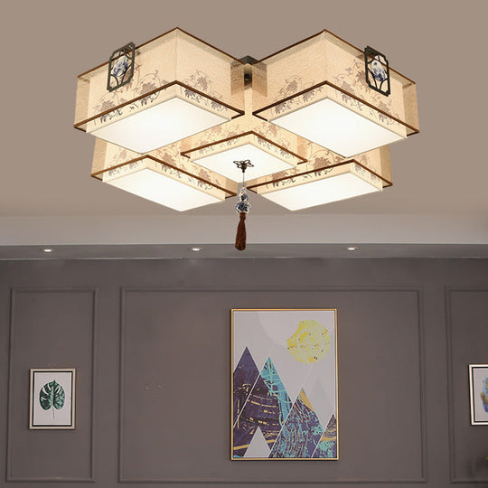 Classic White Flush Mount Ceiling Light - 5 - Light Fixture With Rectangle Fabric Shade