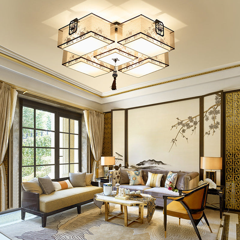 Classic White Flush Mount Ceiling Light - 5-Light Fixture With Rectangle Fabric Shade 20.5/28/35.5