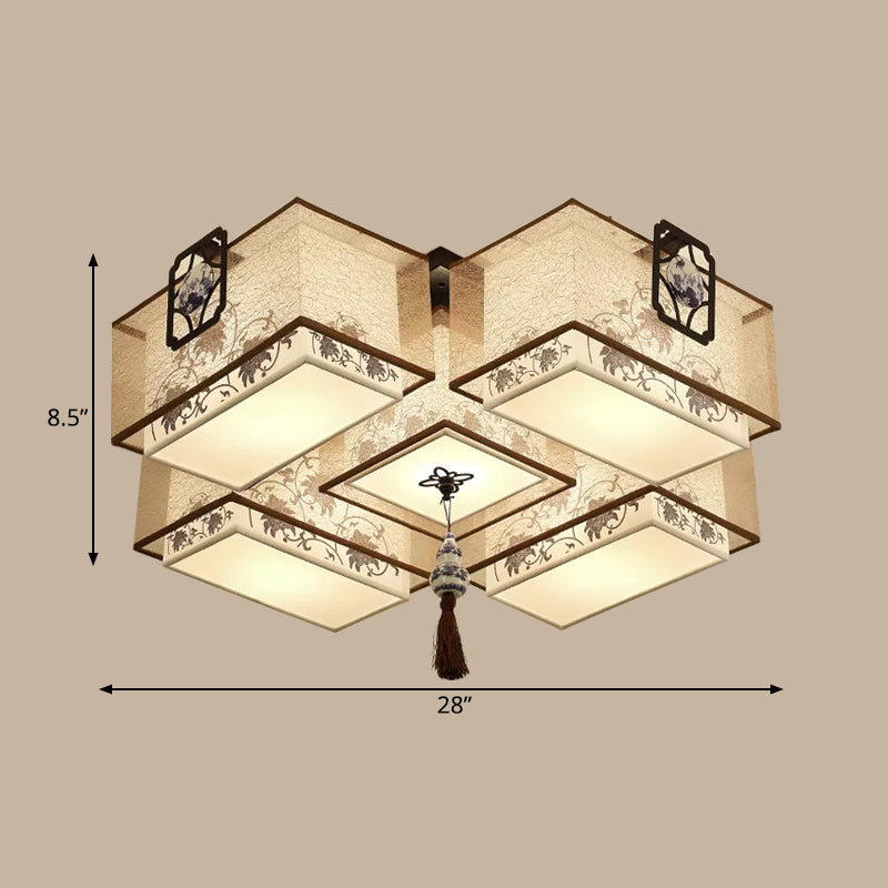 Classic White Flush Mount Ceiling Light - 5 - Light Fixture With Rectangle Fabric Shade