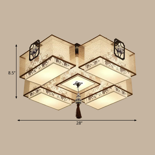 Classic White Flush Mount Ceiling Light - 5 - Light Fixture With Rectangle Fabric Shade