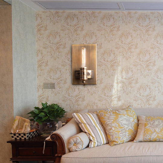 Vintage Bronze Metal Wall Mount Sconce With Bare Bulb - 1/2 Heads Rectangle Backplate