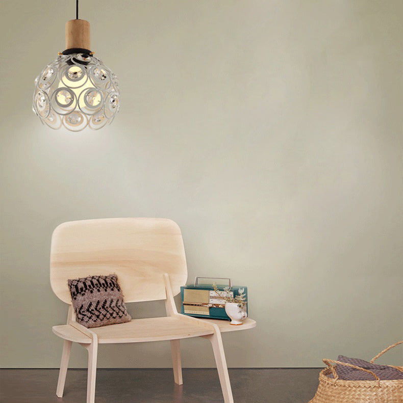 Industrial Dome Hanging Ceiling Light With Crystal Bead Deco - 1 Head Pendant In Black/White For