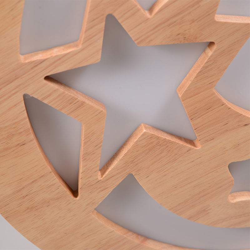 Contemporary Wood Led Ceiling Lamp With Carved Moon And Star Design - Natural Flush Mount Light For