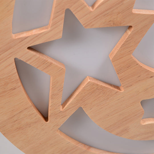 Contemporary Wood Led Ceiling Lamp With Carved Moon And Star Design - Natural Flush Mount Light For