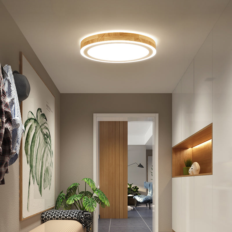 Nordic Dual Halo Ring Flush Mount Lamp - 12/15 Dia Wooden Led Ceiling Lighting In Beige Ideal For