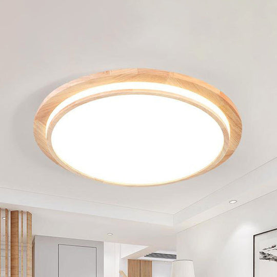 Natural Wood Round Led Ceiling Mount Lamp In Warm/White Light 15/18/23 Dia - Simplicity & Elegance /