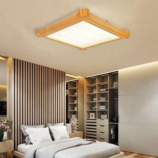 Minimalist Led Flush Mount Light For Living Room - Beige Ceiling Lighting With Wooden Square Shade
