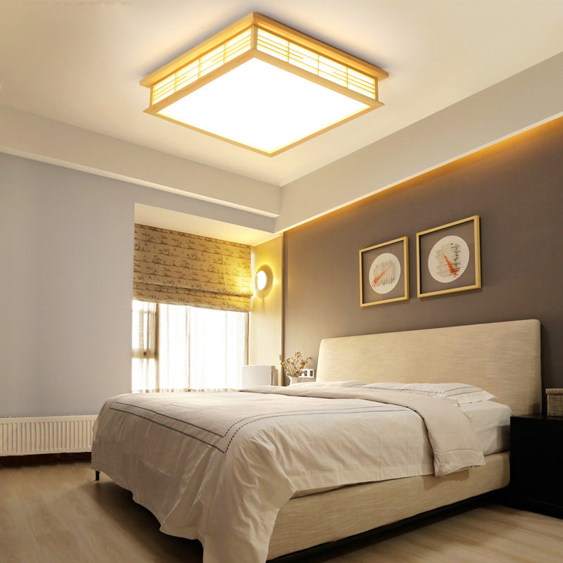 Natural Wood Led Ceiling Light Fixture - Simple Box Flush Lighting For Bedroom (14’/18’/21.5’