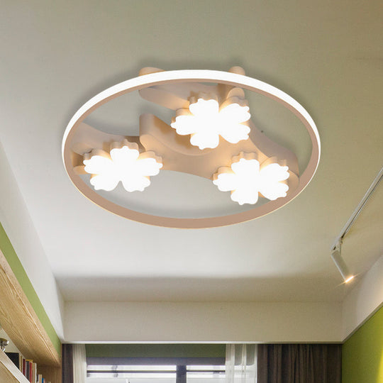 Black Led Flush Mount Ceiling Light With Blossom Decoration - Simple Style Wide Acrylic Ring
