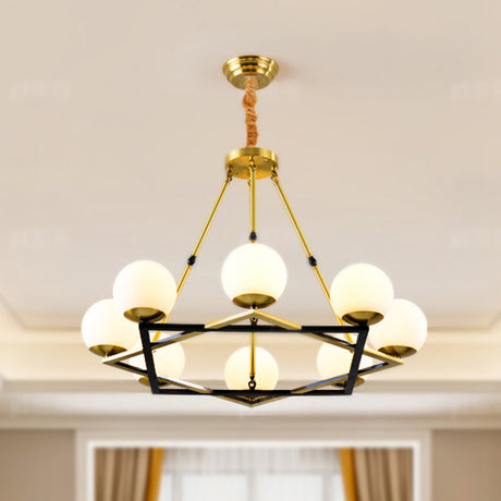 Postmodern Polygon Metal Chandelier 6/8 Heads - Brass Hanging Ceiling Light With White Globe Glass