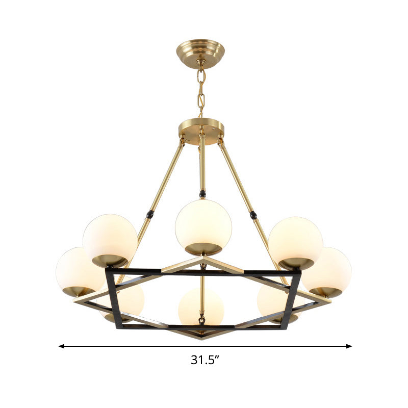 Postmodern Polygon Metal Chandelier With Brass Finish And Globe White Glass Shades