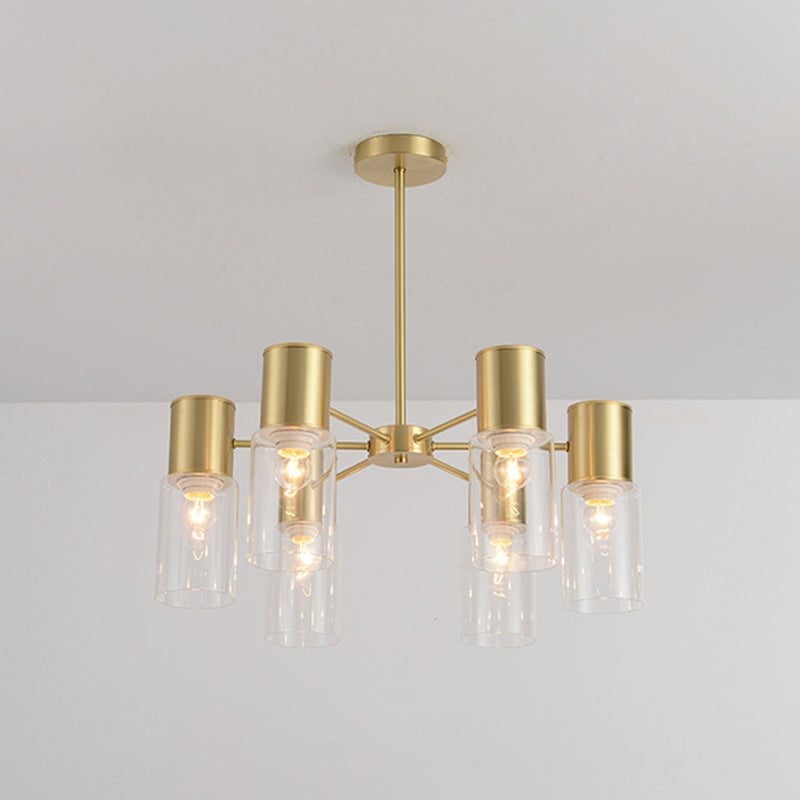 Postmodern Clear Glass Cylinder Chandelier Kit With 6/8/10 Brass Hanging Lamps