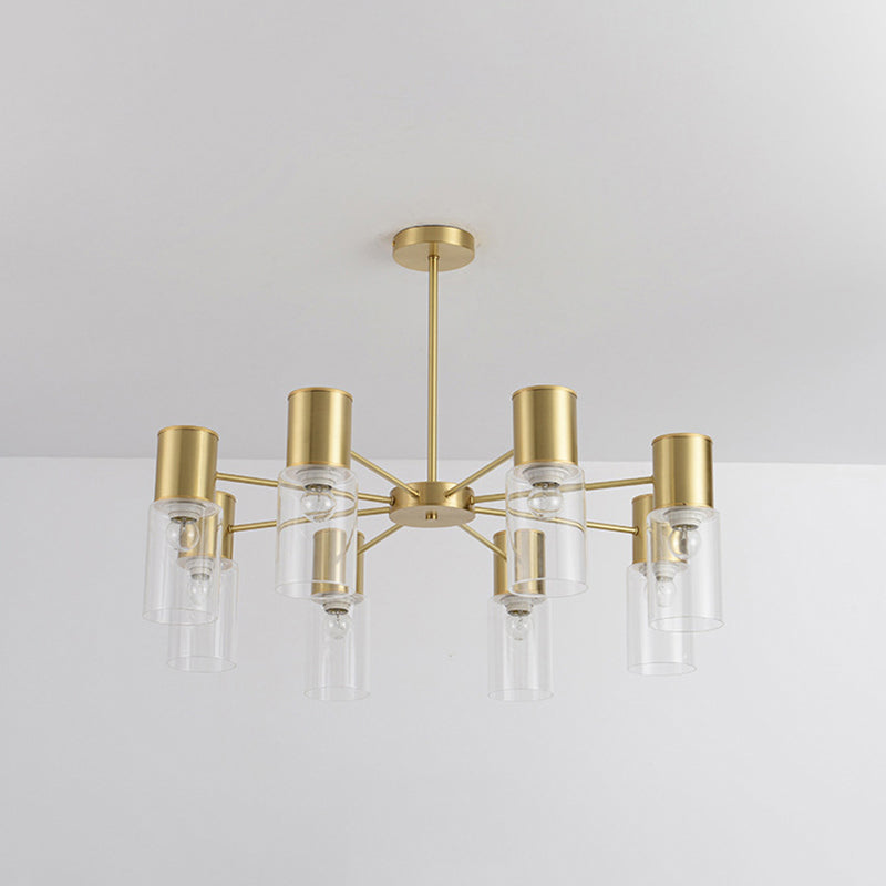 Modern Clear Glass Cylinder Hanging Lamp Kit - 6/8/10 Heads Brass Chandelier Fixture