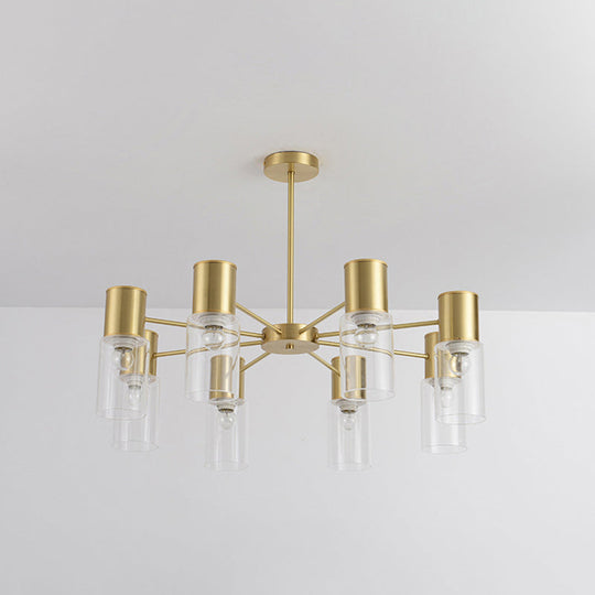 Modern Clear Glass Cylinder Hanging Lamp Kit - 6/8/10 Heads Brass Chandelier Fixture