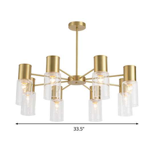 Postmodern Clear Glass Cylinder Chandelier Kit With 6/8/10 Brass Hanging Lamps
