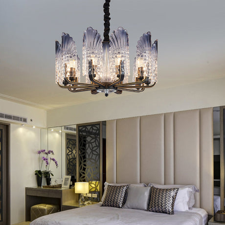 Contemporary Textured Glass Scallop Chandelier 8/10/12 Heads Black Hanging Ceiling Light Fixture