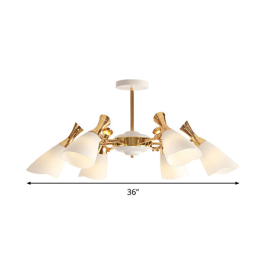 Modern Cone Frosted Glass Hanging Lamp: 6/8 Lights Gold Chandelier Fixture In Warm/White Light