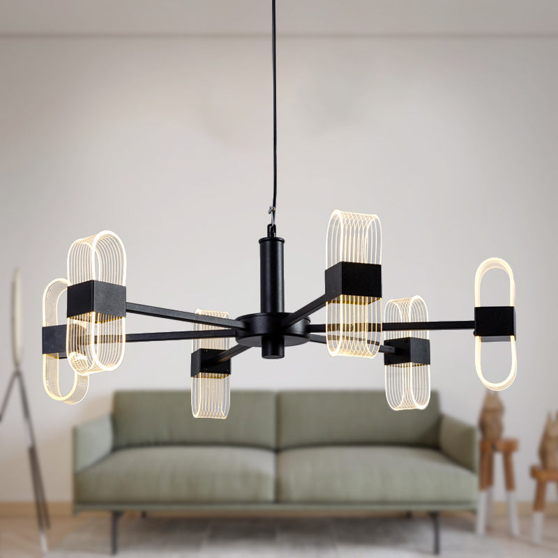 Modern Oval Chandelier Light - Acrylic 6/8/12 Heads Living Room Hanging Lamp With Black Rod