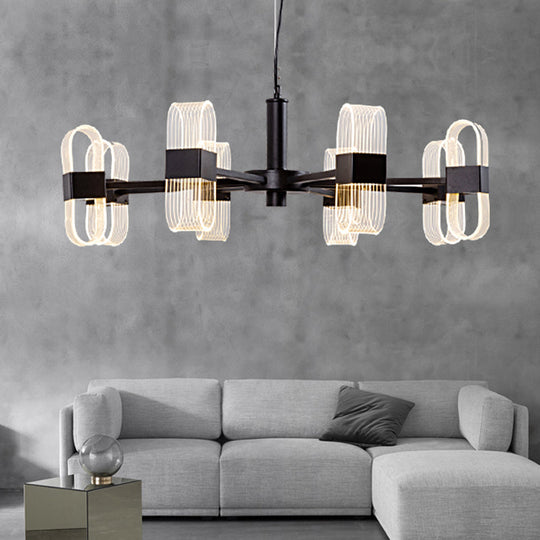 Modern Oval Chandelier Light - Acrylic 6/8/12 Heads Living Room Hanging Lamp With Black Rod