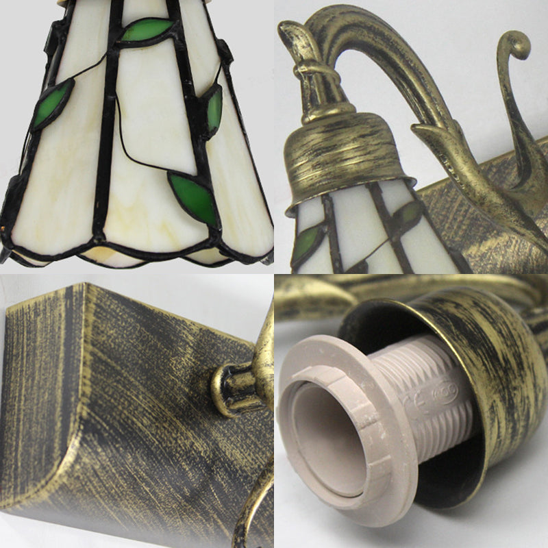 Rustic Cone Wall Light With Leaf Design 2-Light Stained Glass Sconce Lamp In Bronze - Ideal For