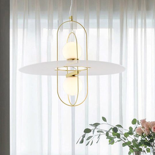 Designer Style White Glass Orb Chandelier: Elegant 2-Light Kitchen Hanging Lamp With Oval Frame