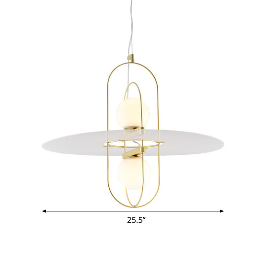 Designer Style White Glass Orb Chandelier: Elegant 2-Light Kitchen Hanging Lamp With Oval Frame