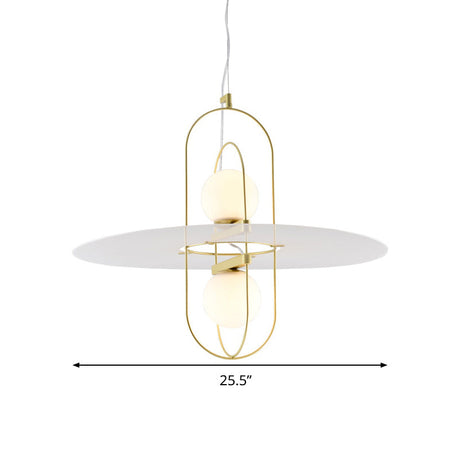 Modern White Glass Orb Chandelier - 2 Light Kitchen Hanging Lamp With Oval Frame Design