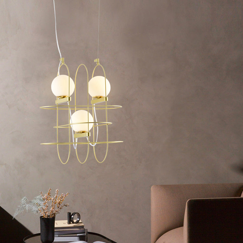 Modern Gold 3-Head Chandelier Light With Oval Metal Frame And Opal Glass Shade