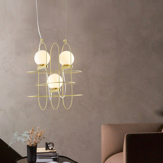 Modern Gold 3-Head Chandelier Light With Oval Metal Frame And Opal Glass Shade