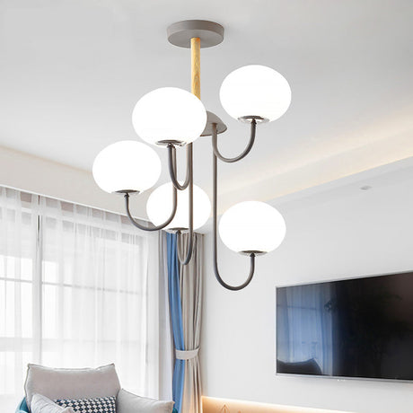 Nordic Style Gray/Green Chandelier With Dome White Glass Shade - 3/5 Lights Living Room Hanging Lamp