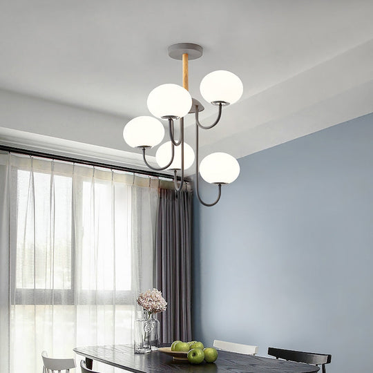 Nordic Style Gray/Green Chandelier Light Fixture With Dome White Glass Shade - 3/5 Lights Living