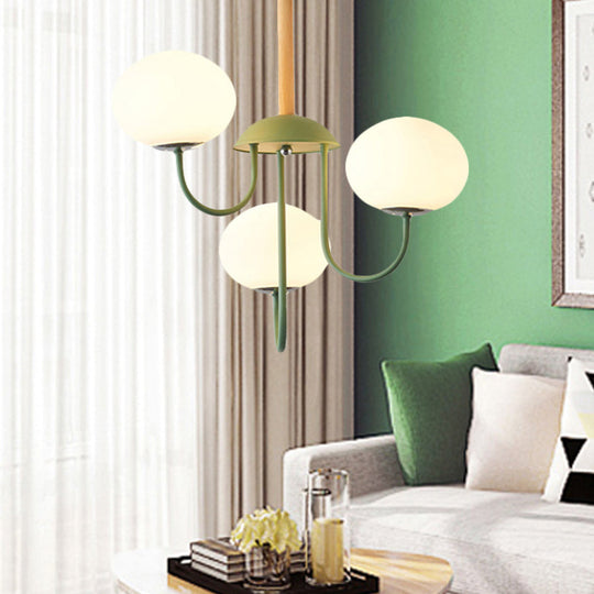 Nordic Style Gray/Green Chandelier Light Fixture With Dome White Glass Shade - 3/5 Lights Living