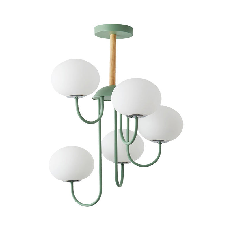 Nordic Style Gray/Green Chandelier Light Fixture With Dome White Glass Shade - 3/5 Lights Living