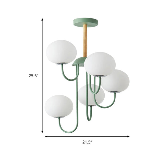 Nordic Style Gray/Green Chandelier Light Fixture With Dome White Glass Shade - 3/5 Lights Living