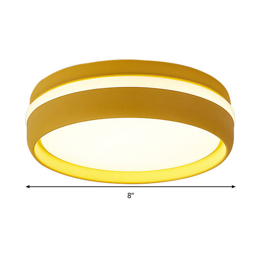 Metal Circular Flush Light Contemporary Led Ceiling Lamp In Pink/Yellow/Blue With Warm/White