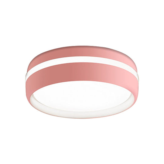 Metal Circular Flush Light Contemporary Led Ceiling Lamp In Pink/Yellow/Blue With Warm/White