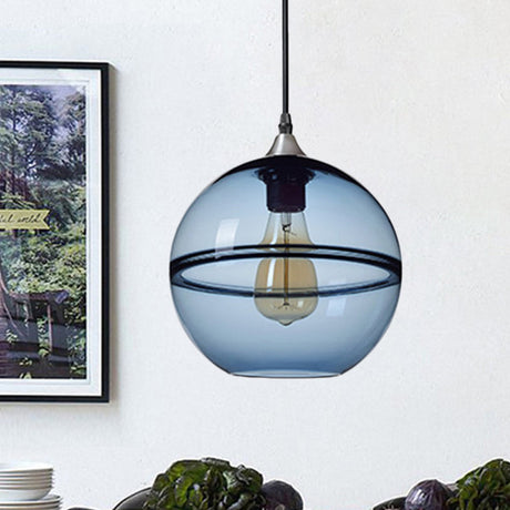 Modern Blue/Clear Glass Globe Pendant Dining Room Light - 1 Head 8/10/12 Wide Blue / 8