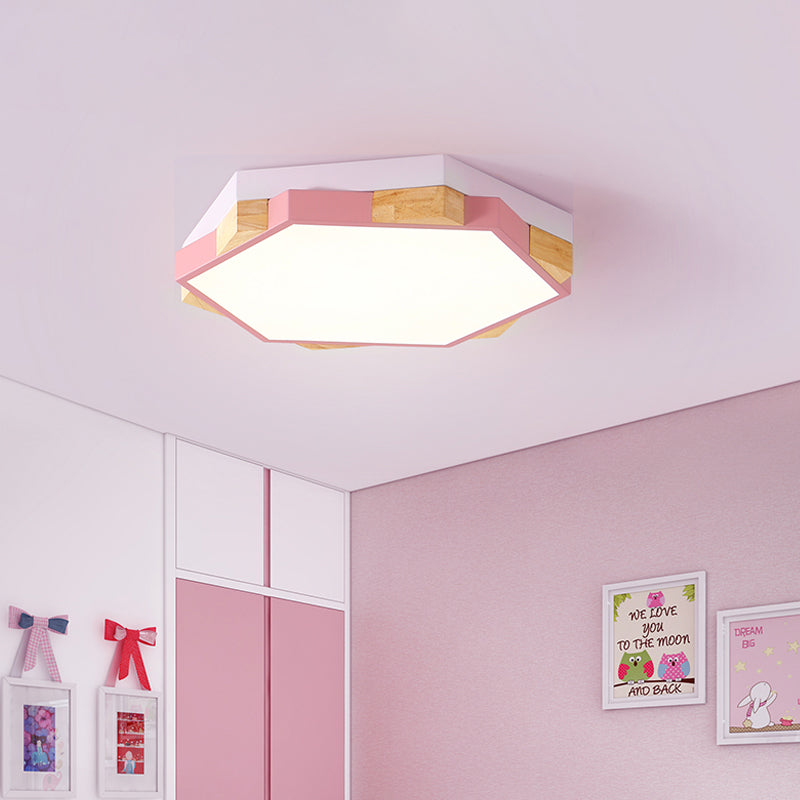 Hexagon Led Flushmount Ceiling Lamp In Pink/Yellow/Blue With Metal Shade Warm/White Light