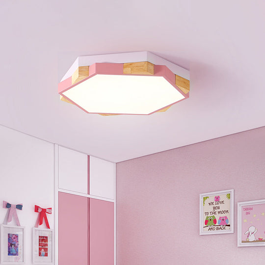 Hexagon Led Flushmount Ceiling Lamp In Pink/Yellow/Blue With Metal Shade Warm/White Light