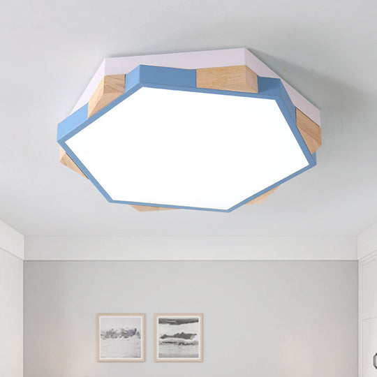 Hexagon Led Flushmount Ceiling Lamp In Pink/Yellow/Blue With Metal Shade Warm/White Light Blue /