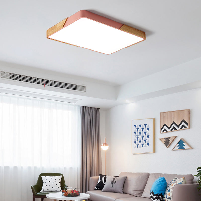 Modern Metal Flush Light: Rectangle Macaron Led Ceiling Fixture (White/Pink) With Acrylic Diffuser