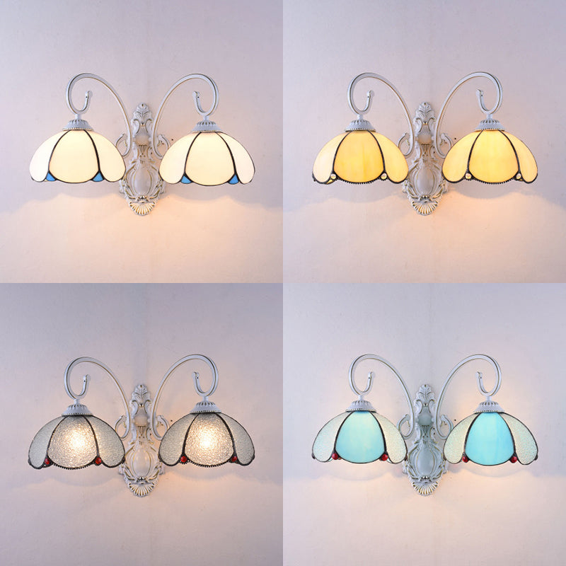 Scalloped Stained Glass Wall Light With Curved Arm - 2 Lights Traditional Sconce In