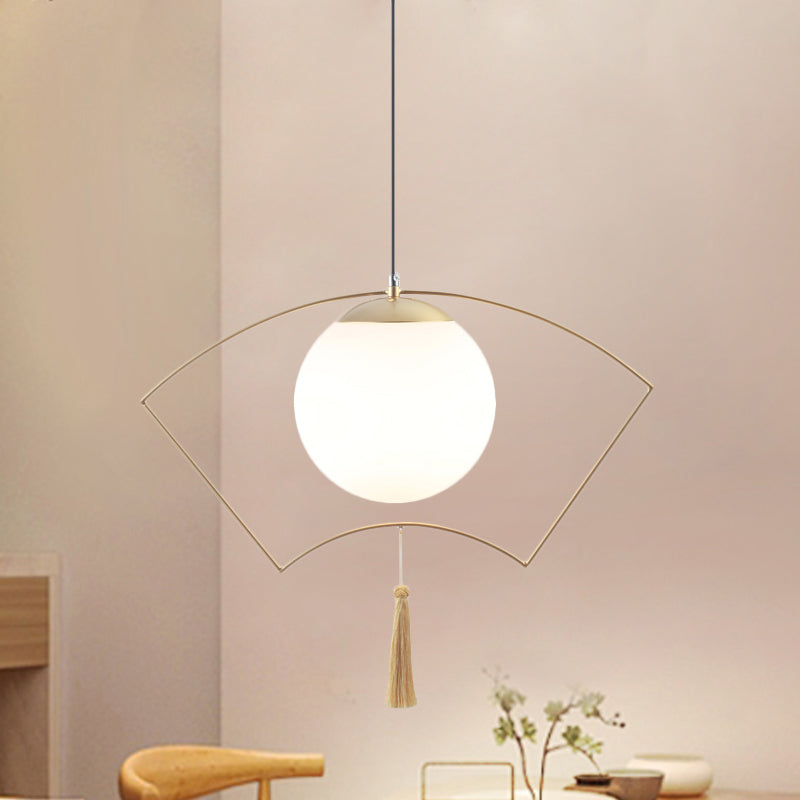 Modern Milk Glass Pendant Light With Gold Metal Frame For Bedroom Ceiling