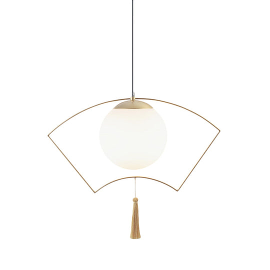 Modernist Milk Glass Globe Pendant Light With Gold Metal Frame - Bedroom Ceiling Hanging Fixture