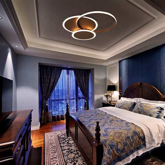 Modern Led Bedroom Ceiling Light In Coffee - 3 Round Ultra-Thin Acrylic Flushmount 19.5’/22.5’ W