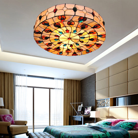 Semi Flush Stained Glass Ceiling Light Fixture With Tiffany Style Jewel Decoration Red / 18’